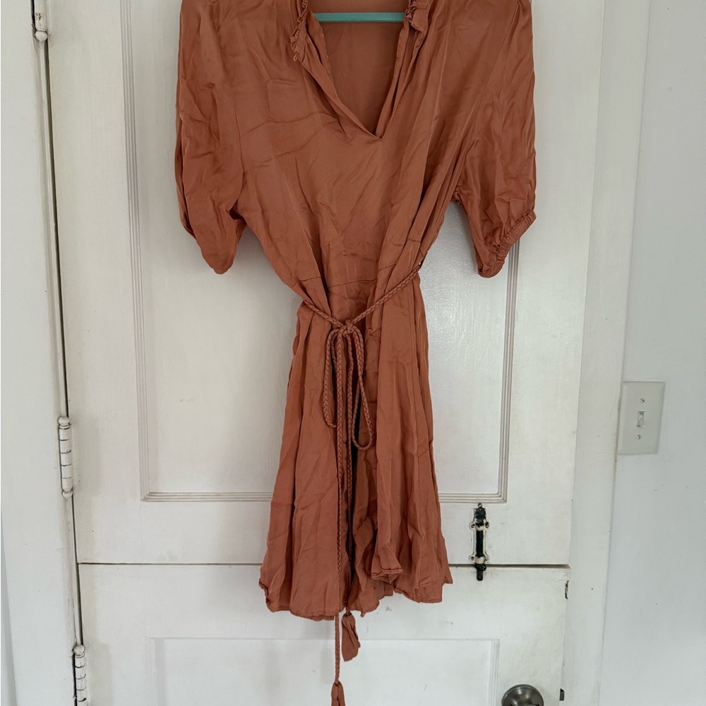 Rust Orange V-Neck Dress with Tie Waist